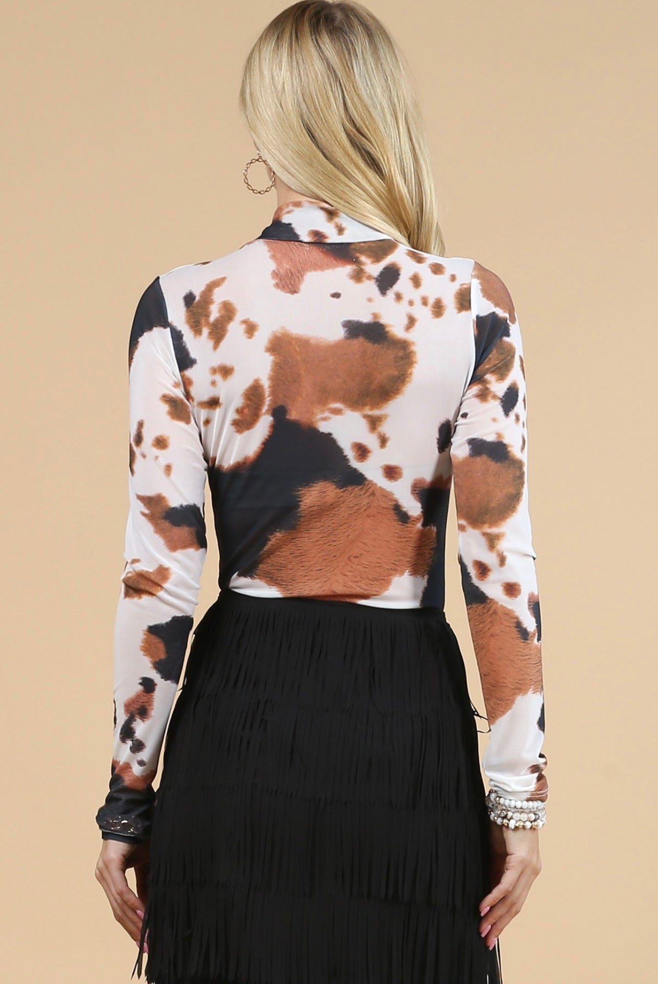 Gabby's Mock Neck Mesh Cow Print Bodysuit